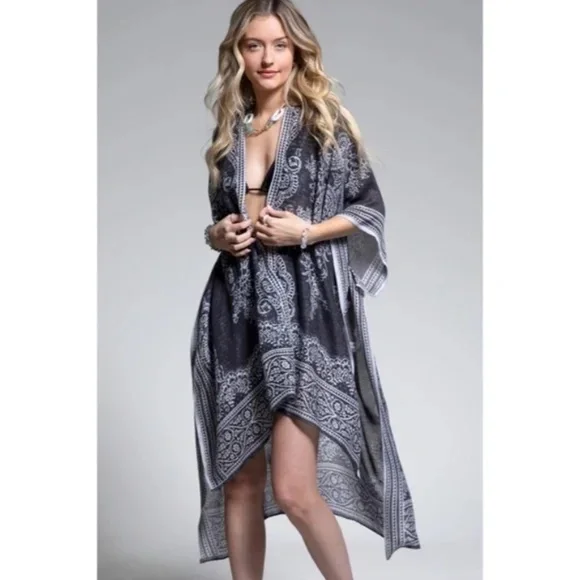 Earl Gray Bohemian Damask Paisley Printed Open Kimono Coverup Wrap - Picture 2 of 4